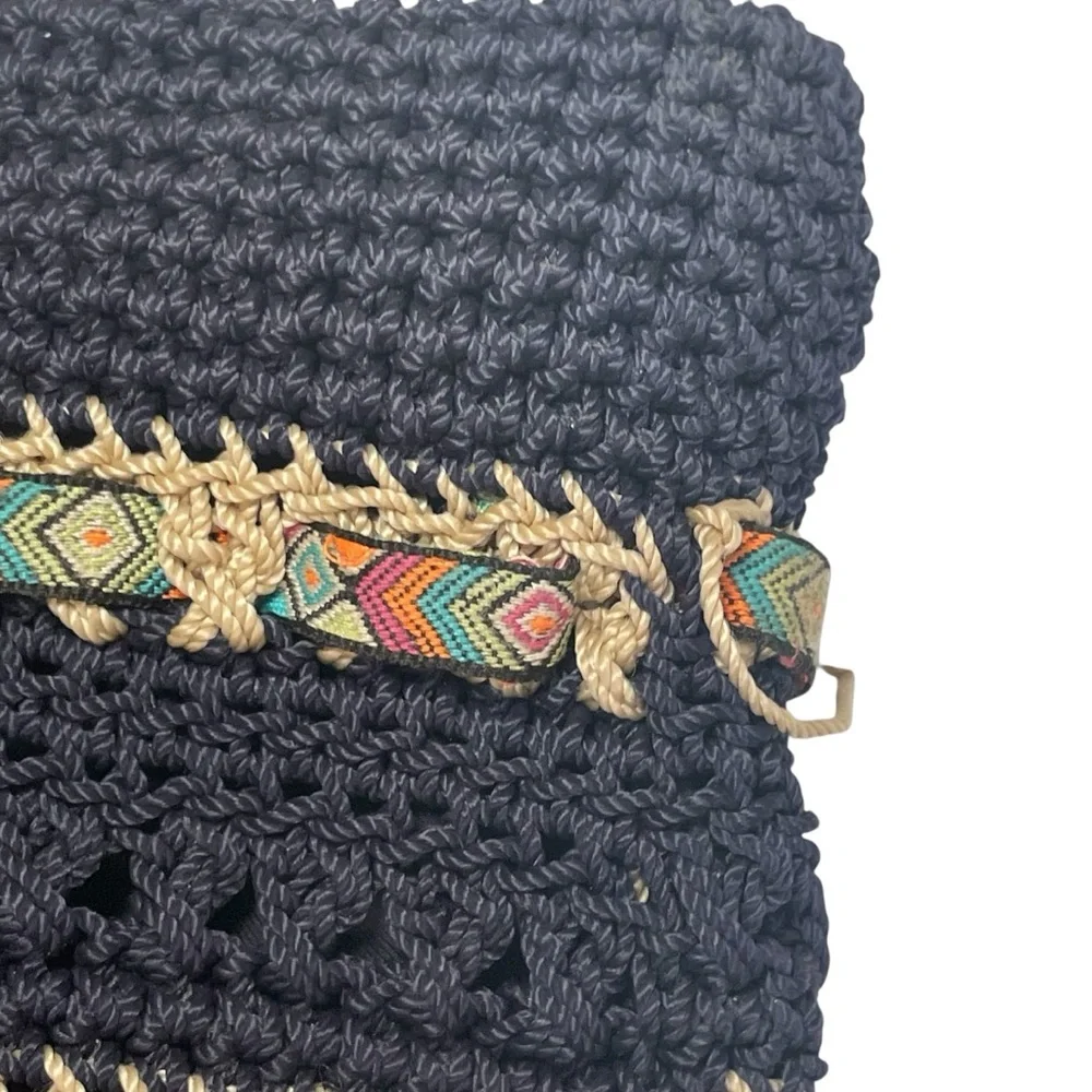 The Sak Cambria Crocheted Large Double Strap Zip‎ Top Tote Navy Woven Ribbon EUC